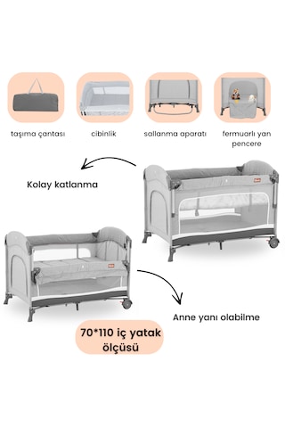 Gulz Omega Anne Yanı Sallanır Cibinlikli Oyun Parkı Bebek Beşik 70 x 110 CM + Yataklı Grey