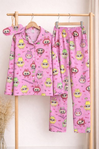Beka Kids Labubu Desenli Uzun Kollu Önden Düğmeli Gömlek Yaka Kız Çocuk Pijama Takımı %100 Pamuklu Bej