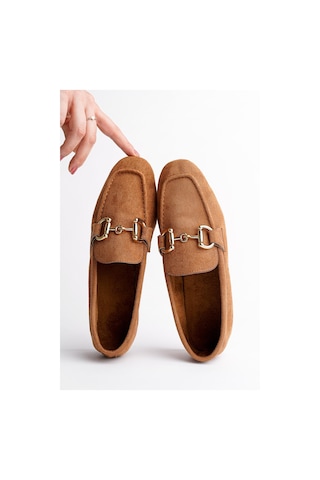 Muggo Mona Garantili Metal Tokalı Deri Kadın Loafer Günlük Ayakkabı Taba