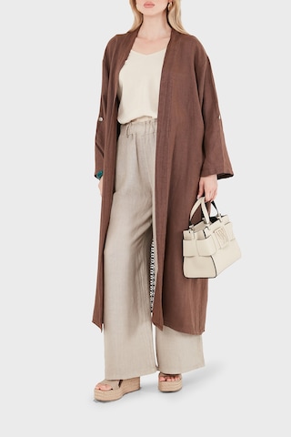 Via Dante % 100 Keten Dantel Ve Brode İşleme Detaylı Kimono Bayan Kimono 7183609 Kahve