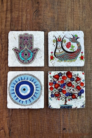 Taş Bardak Altlığı Nar Ağacı Şahmeran Nazar Hamsa Baskılı Baskılı 4'lü Set - Stone Coasters Çok Renkli