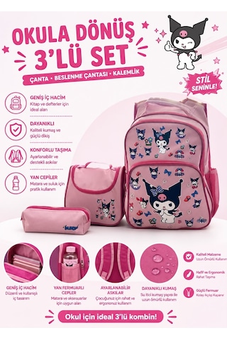 Kuromi Desenli Pudra Renk Üçlü Kız Çocuk İlkokul Okul Çantası + Termal Beslenme Çantası + Kalemlik Pudra Pembe