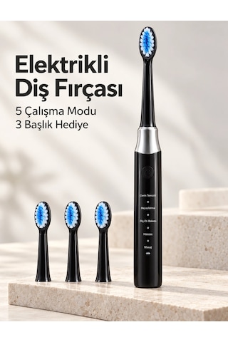 Kargo Hassas Ve Masaj Modlu Siyah Elektrikli Diş Fırçası Usb Şarjlı 3 Başlık Hediyeli Najmaddin