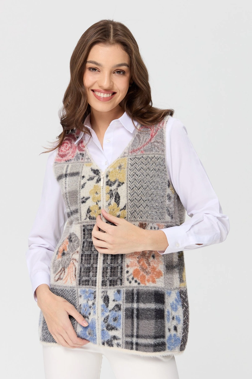 Desen Triko Kadın V Yaka Patchwork Yelek Kemik Kemik