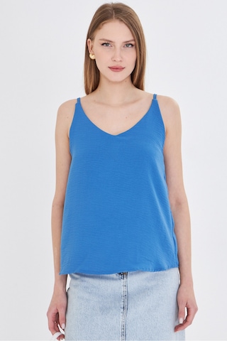 Armonika Kadın Mavi Keten Görünümlü Askılı Bluz Arm-24y001064
