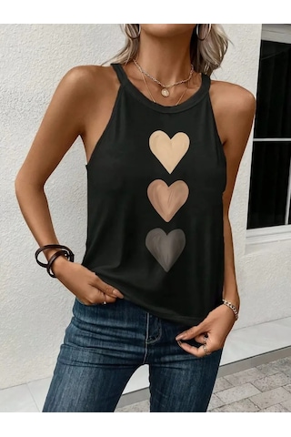 Kadın Omuzlardan Açık Boyundan Askılı Kalp Baskılı Viskon Bluz Siyah