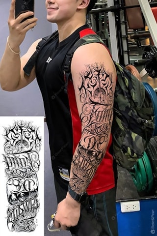 Gotik Yazılı Tam Kol Kaplama Geçici Dövme - 48 Cm Suya Dayanıklı Tattoo Siyah