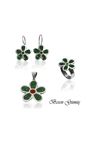 Mozaik Malakit Ve Mercan Çiçek Model Özel Tasarım El Yapımı Gümüş Set Rose Gold - Gümüş