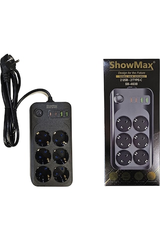 Showmax Sh-4630 Termal Akım Korumalı Uzatma Kablosu 2 Mt 6 Priz + 2 Usb + 2 Type-c Priz 2