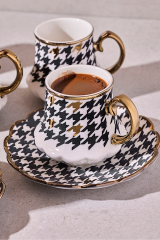 Cihangir 6 Kişilik Porselen Kazayağı Desenli Gold Kahve Fincanı Takımı Cokrenklı Çok Renkli