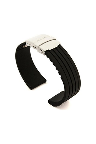 Paslanmaz Çelik Gümüş Katlanır Tokalı Unisex Kauçuk Kayış Siyah 22mm Çok Renkli