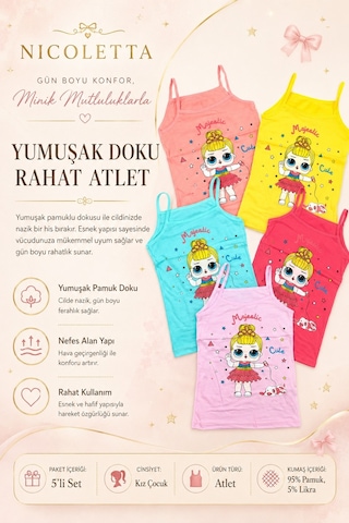 Nicoletta Kız Çocuk Atlet İp Askılı Baskılı Pamuklu Likral 178346 Pembe