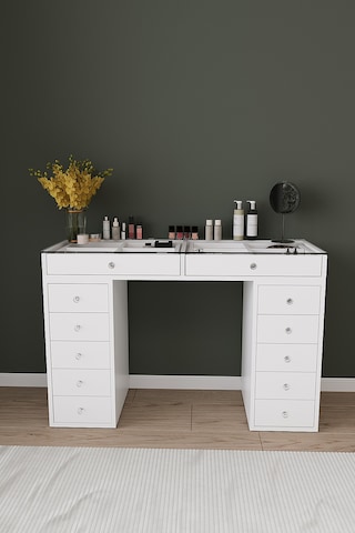 Df02116b Beyaz Geniş Organizer Bölmeli Çekmeceli Makyaj Masası 120 Cm Beyaz