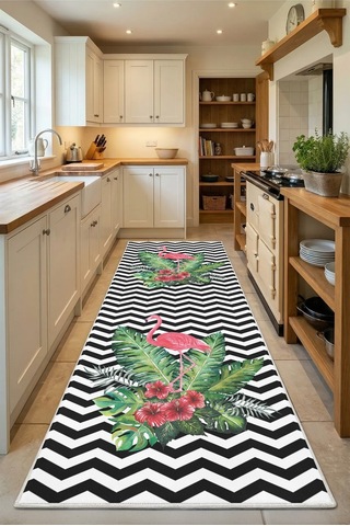 Zigzag Flamingo2 Göbek Beyaz Yıkanabilir Mutfak Halısı