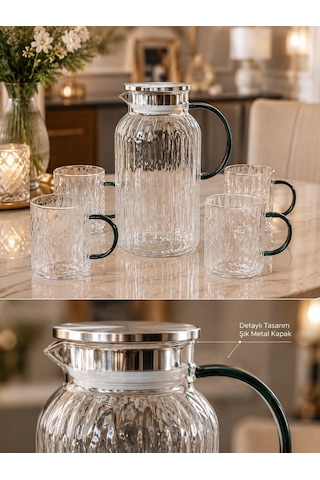Qerhome Borosilikat Cam Sürahi Ve 4 Adet Kulplu Bardak Takımı 1800 Ml Metal Kapaklı Isıya Dayanıklı