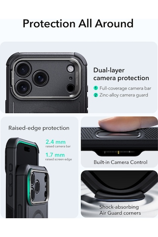 Esr Apple Uyumlu iPhone 17 Pro Cyber Tough Magsafe Stantlı Kılıf - Siyah Siyah