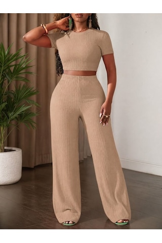 Alyn Wear Kadın Kısa Kollu Bisiklet Yaka Bürümcük Krop Bluz Ve Pantolon Ikili Takım Bej