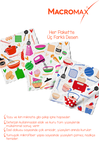 Desenli Mikrofiber Temizlik Bezi 3'lü Paket, Ultra Emici Toz Alıc