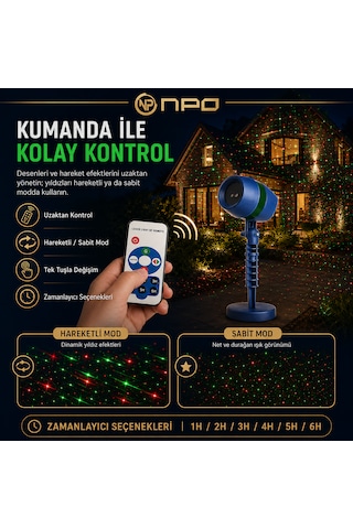Npo Sh01 Star Shower Kırmızı Yeşil Lazer Işık Projektörü Kumandalı Bahçe Duvar Yıldız Efekti Lacivert