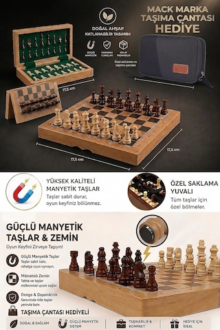 Mıknatıs Taşlı Ahşap Katlanabilir Kutulu Satranç Oyunu Takımı 17.5 Cm Taşıma Çantası Hediye