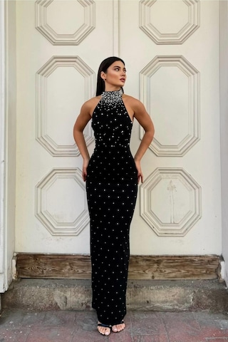 DefyModa Kadın Balıkçı Yaka Balık Kesim Uzun Kollu Abiye Elbise Siyah