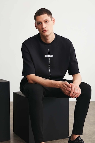 Grimelange Project Erkek Baskı Detaylı Oversize Fit %100 Organik Pamuk Örme Bisiklet Yaka Örme Siyah T-shirt
