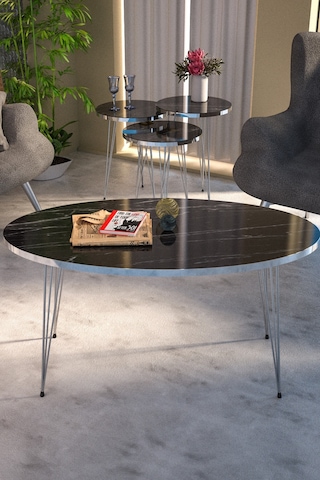 Kahveci.store Gümüş Tel 4'lü Sehpa Seti Siyah 22