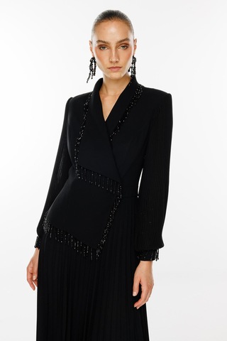 Moda İlgi Kadın Boncuk Detaylı Piliseli Uzun Elbise 6073 Siyah Siyah