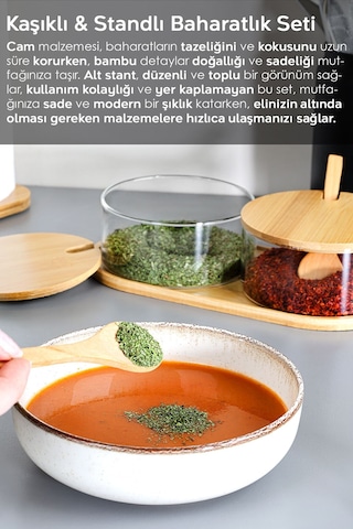 2'li Bambu Kapaklı Cam Baharatlık Seti - Bambu Kaşıklı Standlı Tuzluk Biberlik Baharat Takımı 280 Ml ŞEffaf