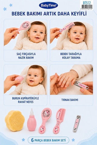 Babytime 6'lı Bebek Bakım Seti Pembe Burun Aspiratörü - Tarak - Fırça - Tırnak Makası ve Törpü Ak512