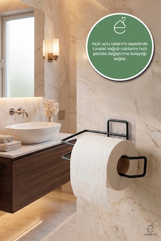 Yapışkanlı Tuvalet Kağıtlığı Minimal Mat Siyah Metal Kağıtlık Delmeden Montaj Banyo Askı