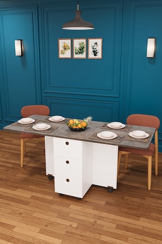 Asra Trend KM-01 %100 MDF 168x70 cm Katlanır Akıllı Mutfak Masası 3 Çekmeceli Tekerlekli Servis Masası Beyaz Retro Gri