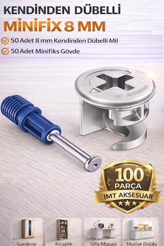İmt Aksesuar 8 Mm Kendinden Dübelli Minifix Gövde Ve Mil Seti - Mobilya Bağlantı Elemanı 100 Parça Metalik
