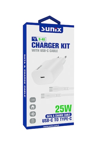 Sunix S-40 Usb-C Type-C Set Şarj 25W - Beyaz Sunix S-40 Usb-C Type-C Set Şarj 25W - Beyaz