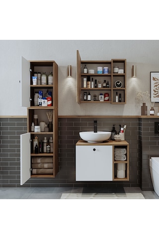Lavabolu Mdf 65 Cm Lotus Çekmeceli Banyo Dolabı + Aynalı Dolap Atlantik Çam - Beyaz