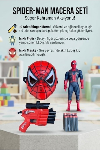 Spider-man Macera Seti Işıklı Maske 18 Cm Figür Ve Sünger Mermili Silah Oyuncak Seti