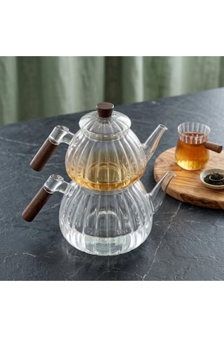 Akasya Cam Çaydanlık Takımı 1500 Ml + 600 Ml - Ahşap Kulplu, Çizgili Tasarım Isıya Dayanıklı Borosilikat Şeffaf Çaydanlık 1