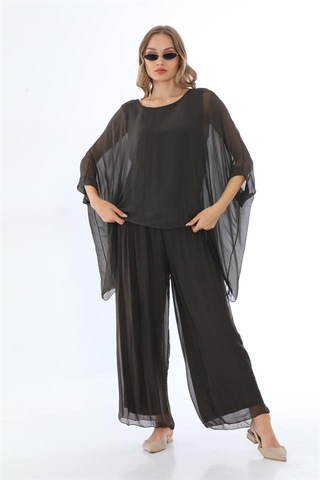 Bohem Stil İtalyan Yarasa Kol İpek Bluz & Pantolon Takım-8767 Kahverengi