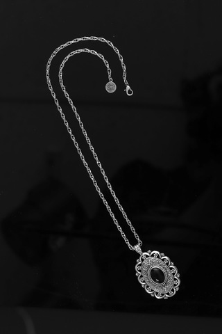 Labalaba Kadın Antik Gümüş Kaplama Siyah Boncuklu Bohem Uçlu Uzun Zincir Kolye Gümüş - Siyah