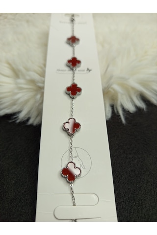 Stainless Steel Bordo Yonca Çelik Bileklik Gümüş