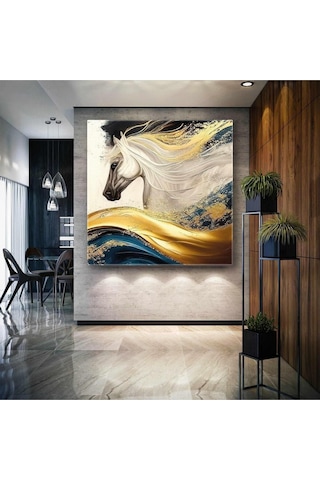 Beyaz At Gold Dalgalar Asil Hayvan Kare Hd Baskı Kanvas Tablo