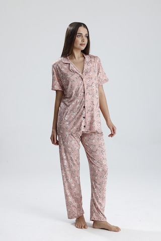 Kompedan Kadın Çiçek Desen Önden Düğmeli Pijama Takım Pembe Pmb Çiçekli