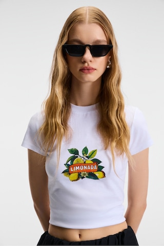 Grimelange TESSIRA Kadın %100 Pamuk Bisiklet Yaka Baskılı Slim Fit Beyaz T-Shirt
