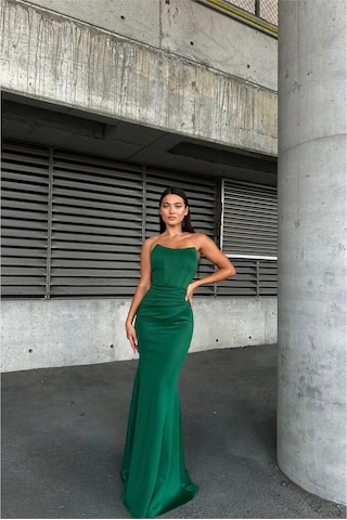 DefyModa Kadın Esnek Likralı Kumaş Straplez Maxi Abiye Elbise Zümrüt