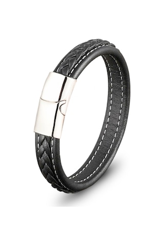 Brezza Lusso Jewelry Hakiki Deri Siyah Örgülü Çelik Erkek Bileklik Siyah