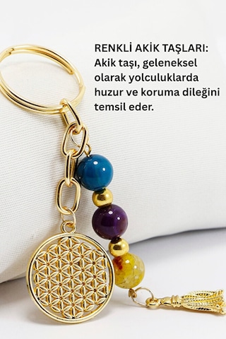 Doğal Taşlı Metal Yaşam Çiçeği Anahtarlık, Renkli Akik Taşlı Arab