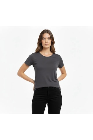 Efnaz Style T-shirt Bisiklet Yaka Slim Fit Likralı Tişört Günlük Basic Body - Füme