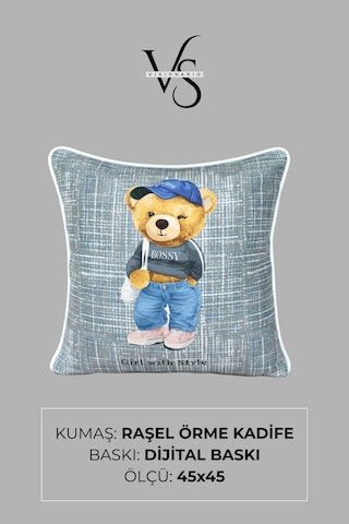 Kırlent Kılıfı 2'li Model Ayıcık Desenli 45x45 Raşel Örme Kadife Çift Taraflı Dijital Baskı Beyaz Biyeli Çok Renkli