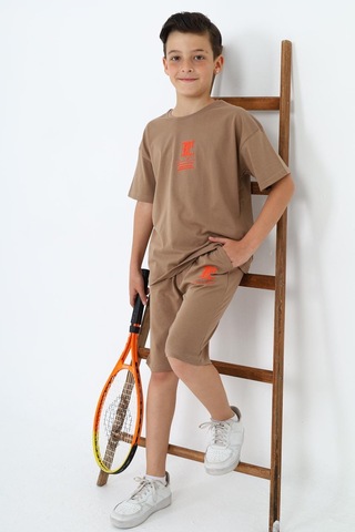 Erkek Çocuk Baskılı Kısa Kollu Şortlu Takım-5858-Kahverengi