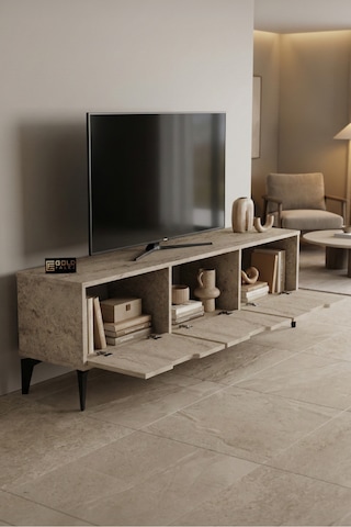 Reyo Falez Royal Tv Sehpası 160 Cm Tv Ünitesi Kapaklı Modern Şık Minimal Salon Konsolu 5092 Traverten